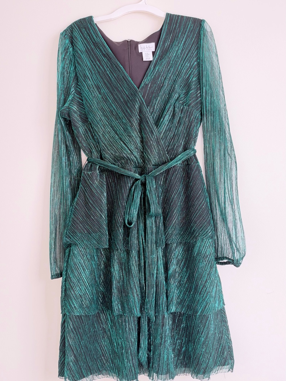 Nicole Miller Emerald Metallic Wrap Tiered Dress with Belt